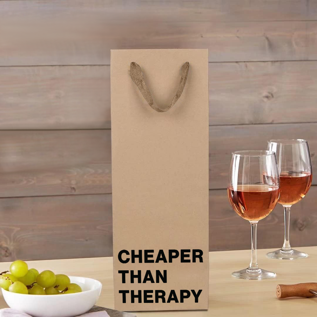 Funny kraft wine bag with "Cheaper Than Therapy" quote.