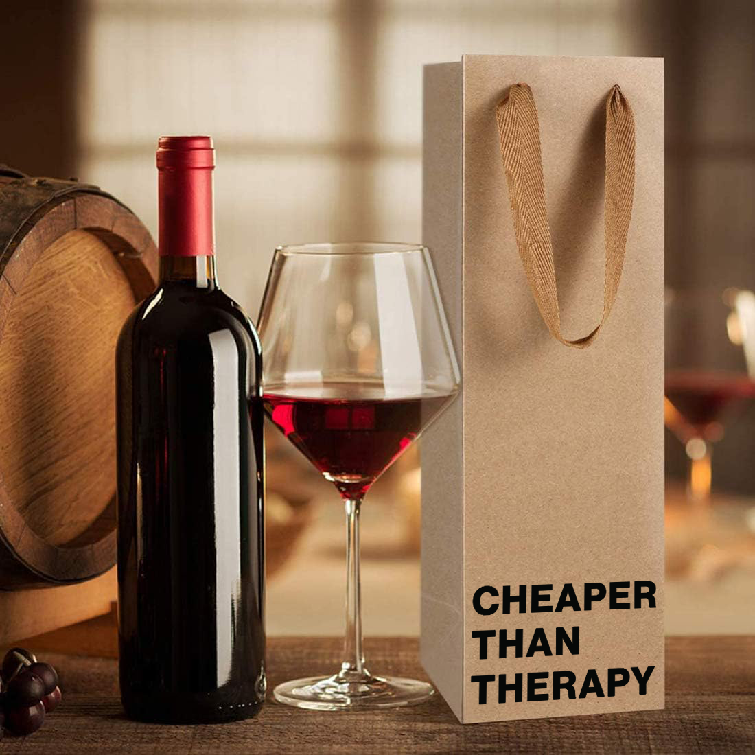 Funny kraft wine bag with "Cheaper Than Therapy" quote.