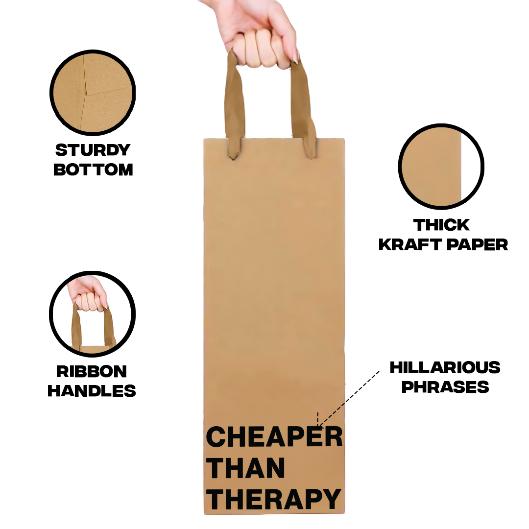 Funny kraft wine bag with "Cheaper Than Therapy" quote.