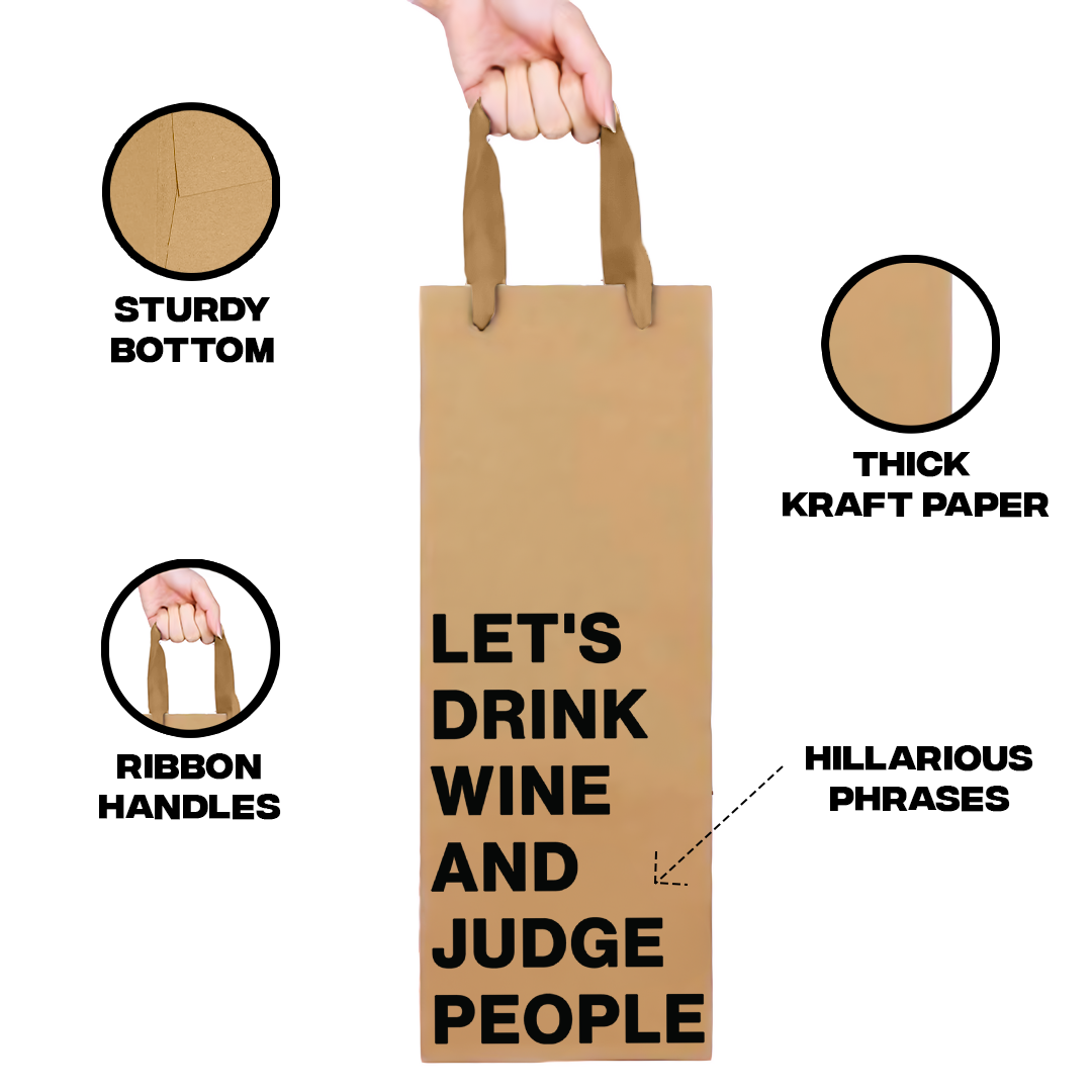 "Let's Drink Wine and Judge People" wine gift bag – Kraft paper, funny adult gift bag.