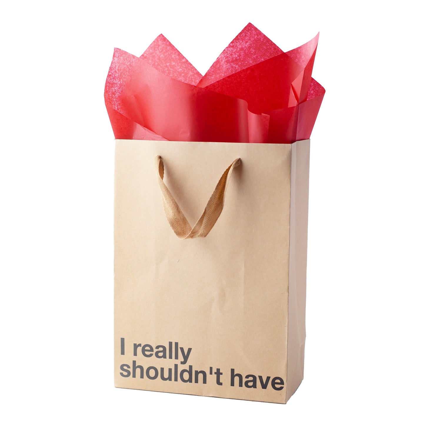 "I Really Shouldn't Have" kraft gift bag – Funny adult gift bag with a brown ribbon.