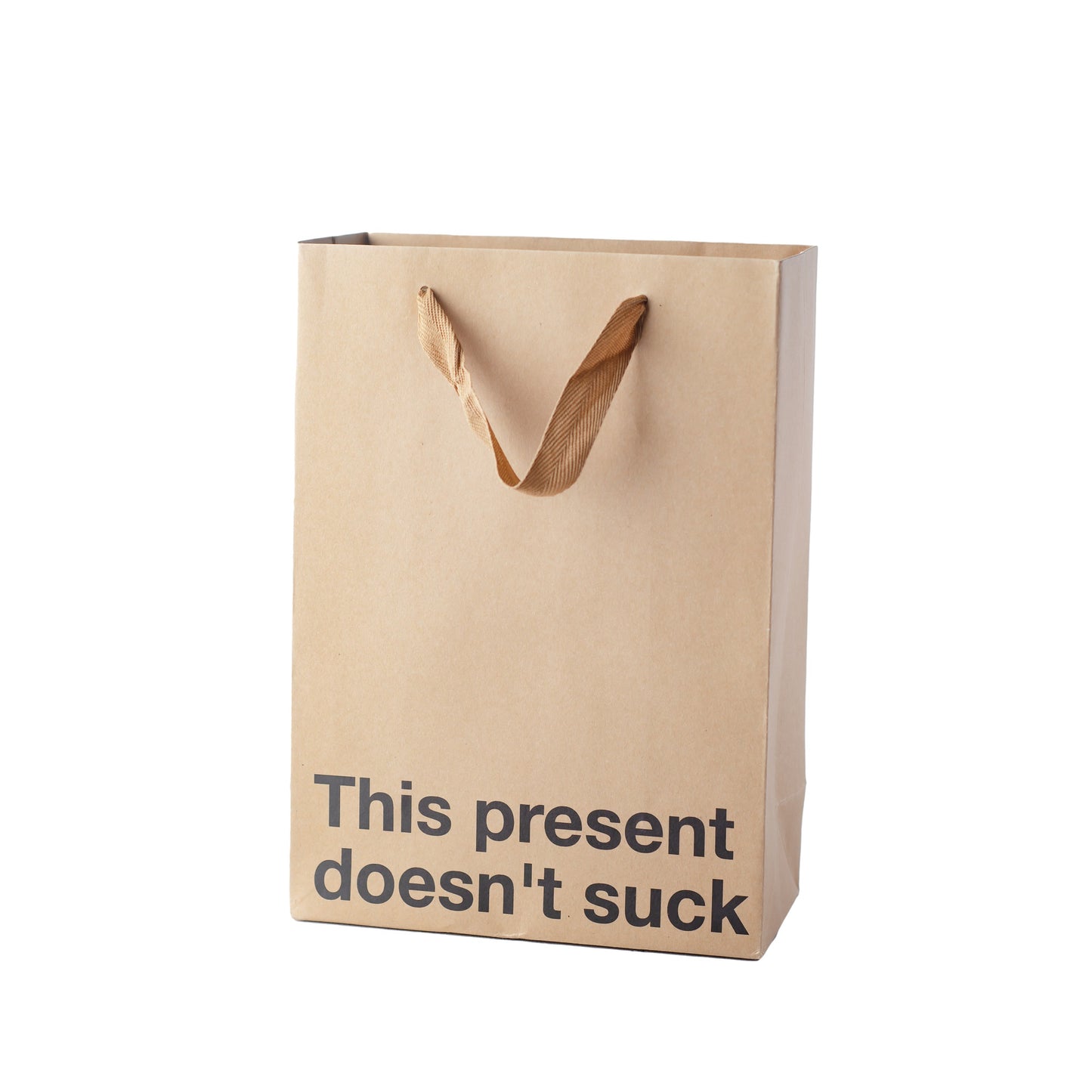 Kraft gift bag with brown ribbon handle, great for adult gifts.