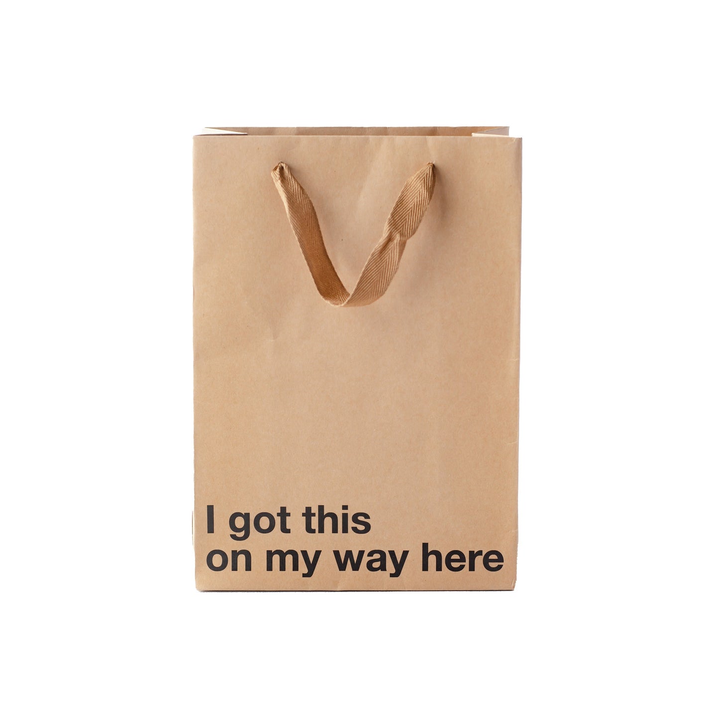 "I Got This On My Way Here" kraft gift bag – Funny adult gift bag with brown ribbon.