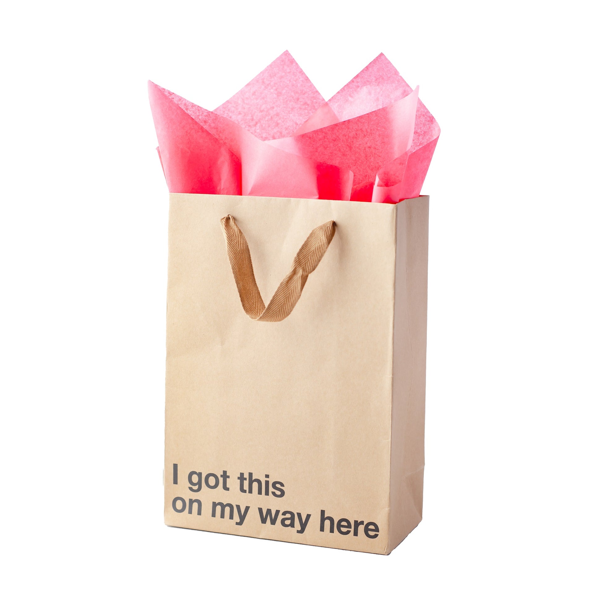 "I Got This On My Way Here" kraft gift bag – Funny adult gift bag with brown ribbon.