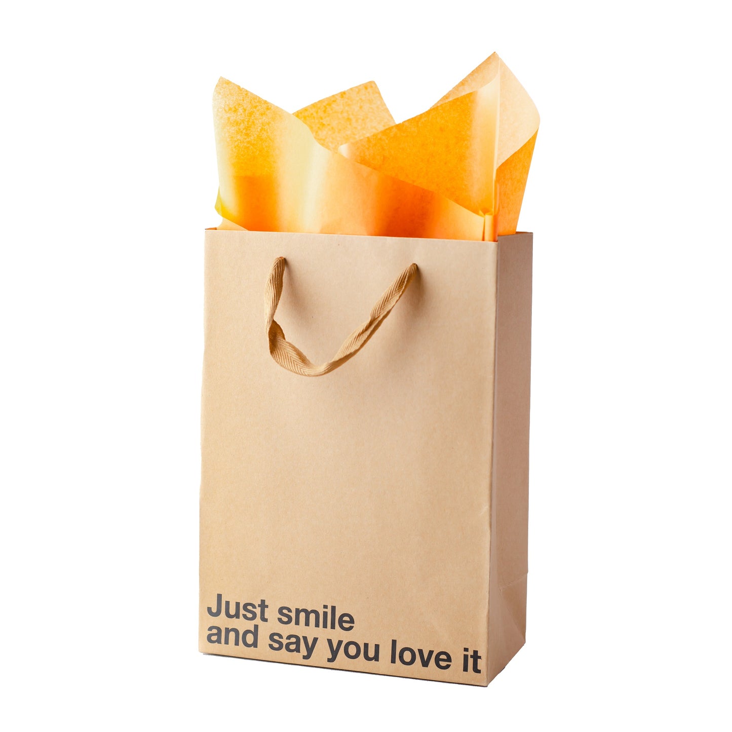 "Just Smile" kraft gift bag – Funny and unique adult gift bag with a brown ribbon.