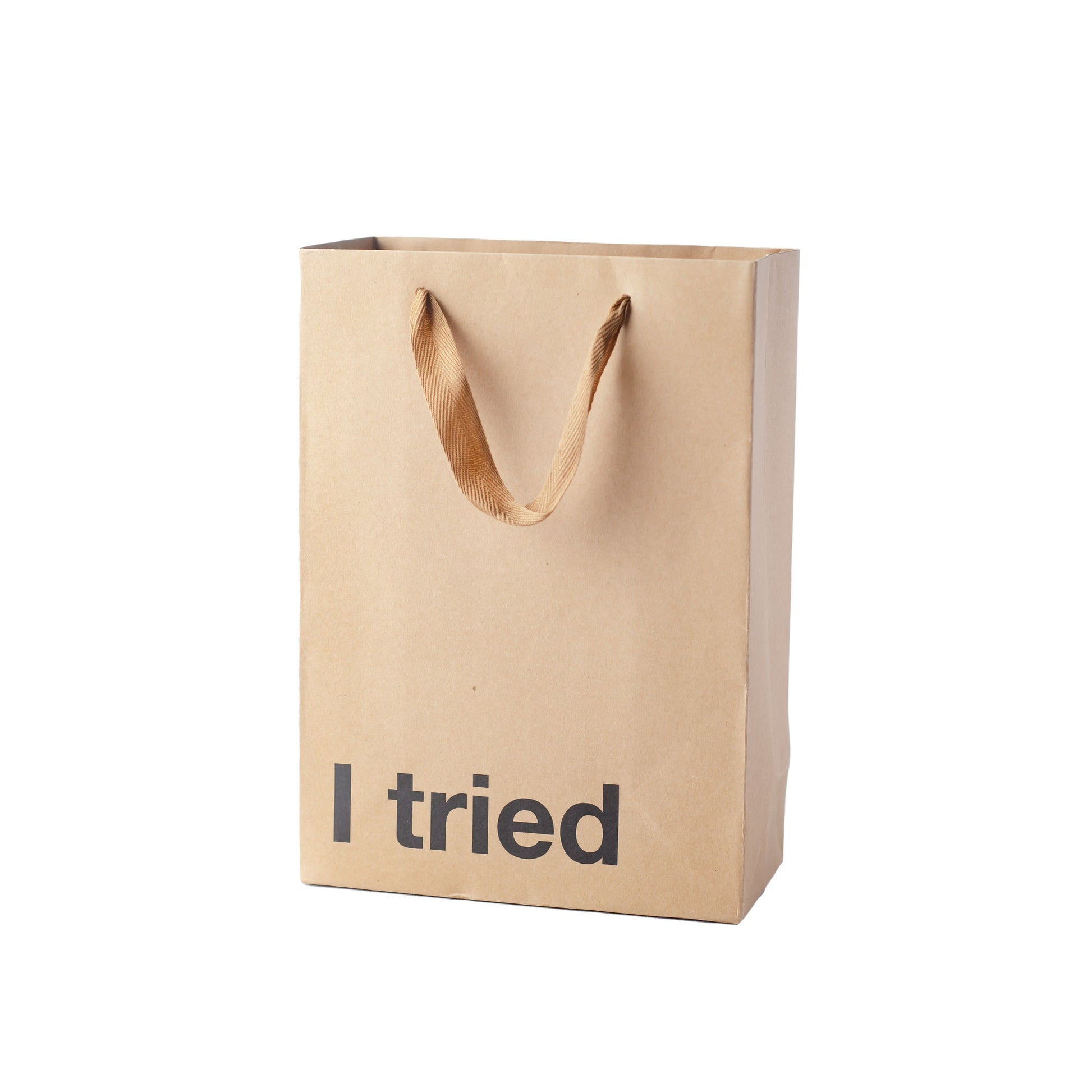 "I Tried" Kraft gift bag with a brown ribbon handle – Funny adult gift bag.