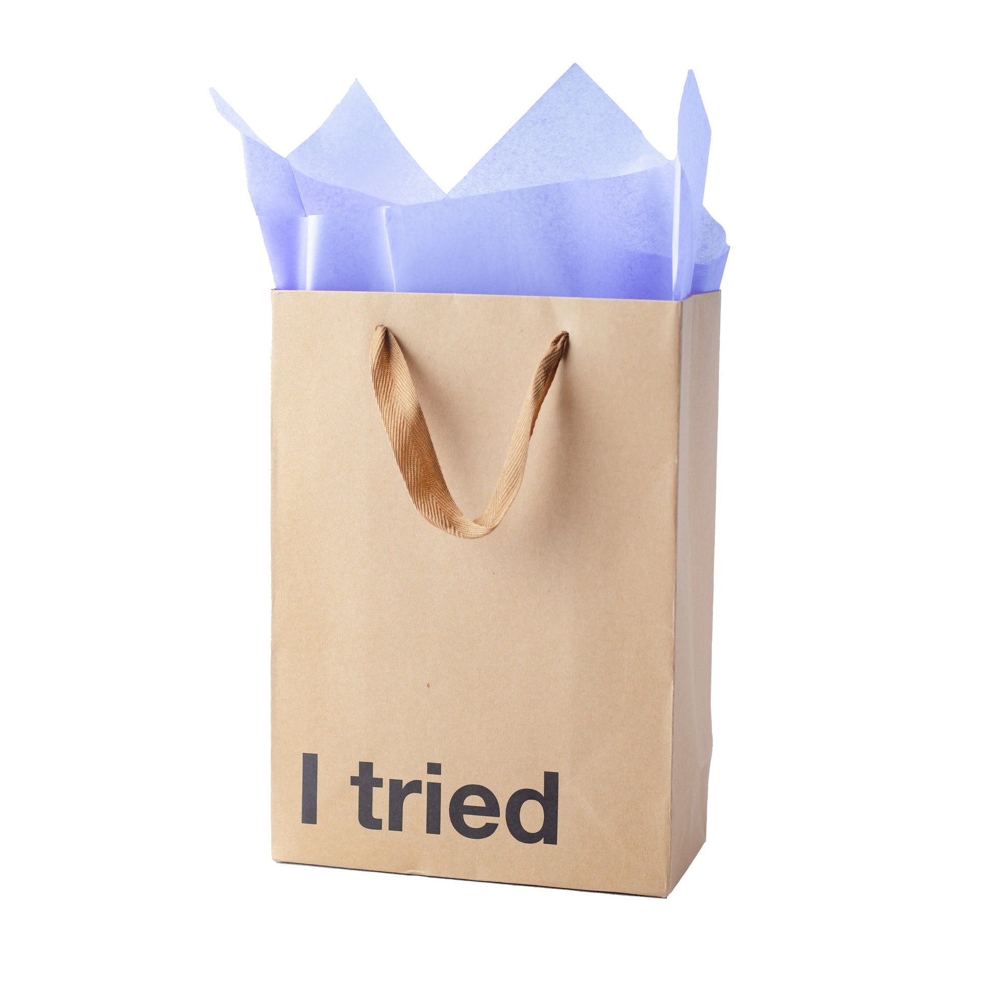 "I Tried" Kraft gift bag with a brown ribbon handle – Funny adult gift bag.