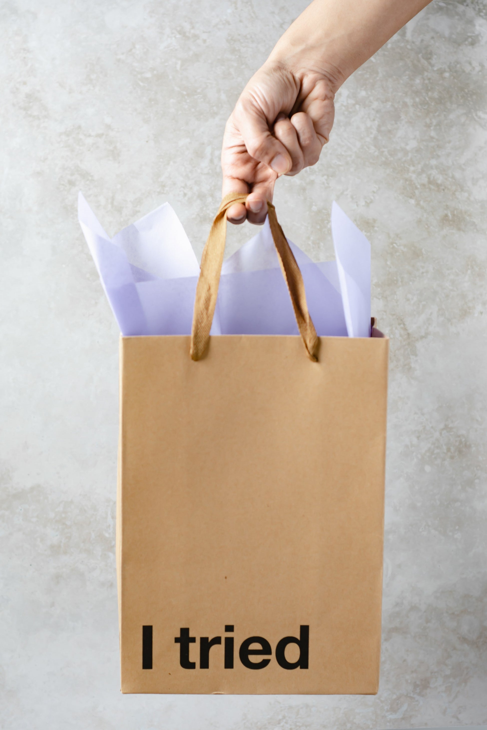 "I Tried" Kraft gift bag with a brown ribbon handle – Funny adult gift bag.
