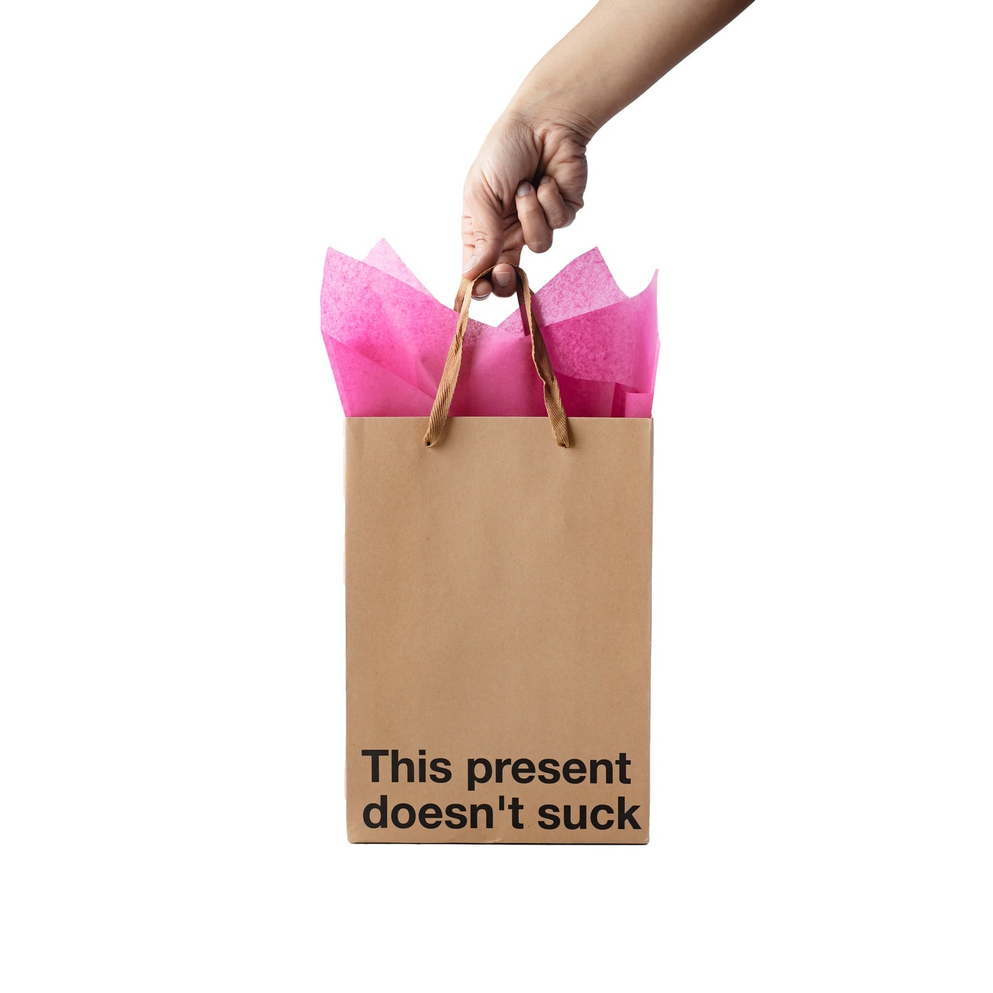 Kraft gift bag with brown ribbon handle, great for adult gifts.