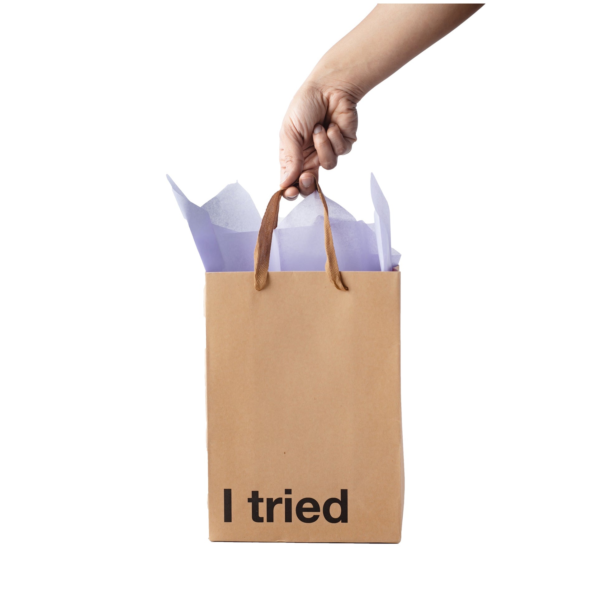 "I Tried" Kraft gift bag with a brown ribbon handle – Funny adult gift bag.