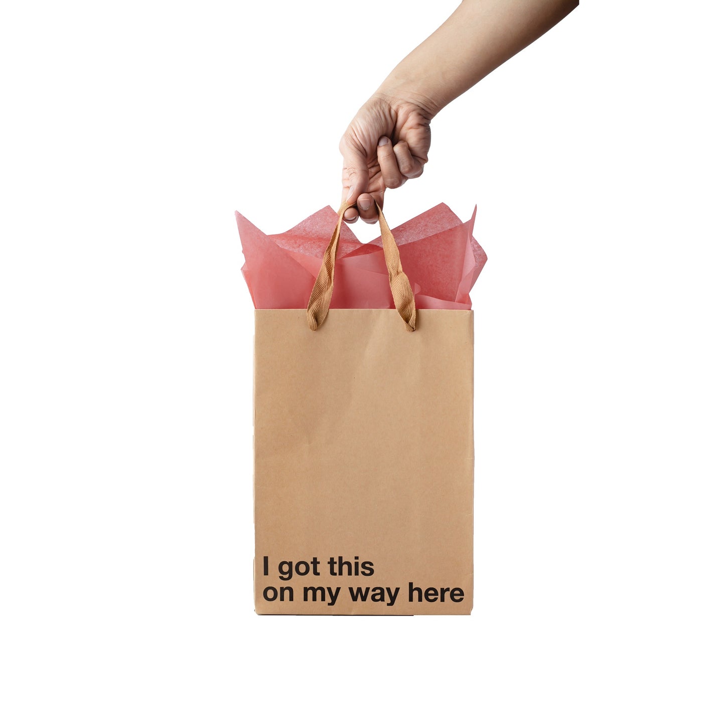 "I Got This On My Way Here" kraft gift bag – Funny adult gift bag with brown ribbon.
