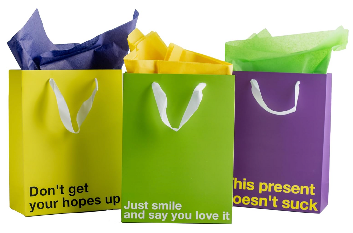 5 Kraft gift bags with funny and sarcastic sayings, perfect for unique gifting.