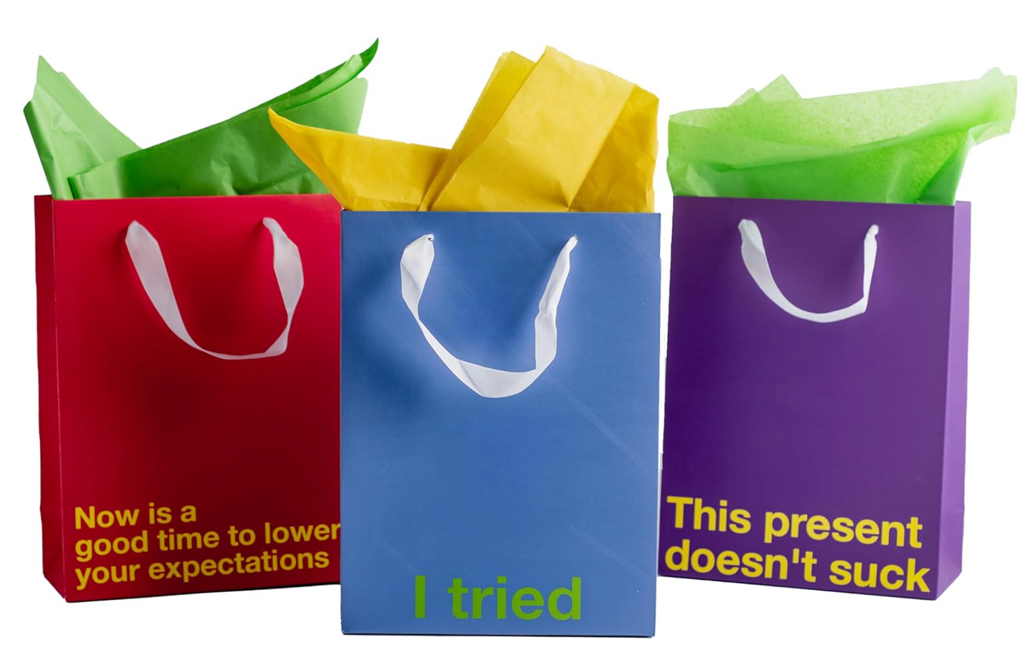 5 Kraft gift bags with funny and sarcastic sayings, perfect for unique gifting.