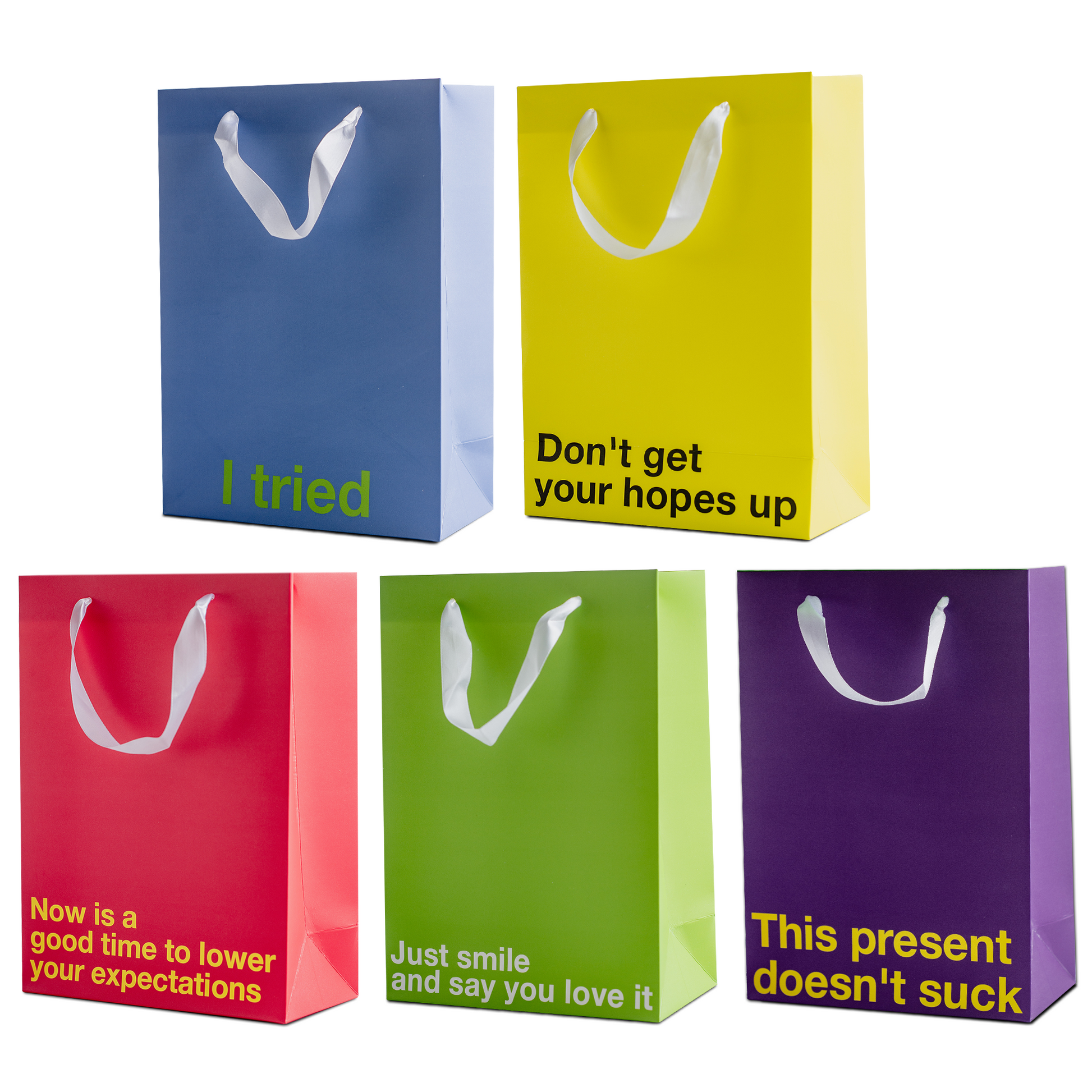 5 Kraft gift bags with funny and sarcastic sayings, perfect for unique gifting.