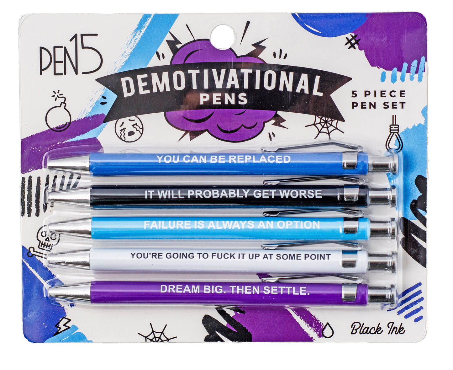 Set of demotivational pens with sarcastic phrases, perfect for dark humor lovers.
