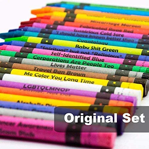 Adult crayons in a crayon box, featuring colorful crayons and humorous sayings.