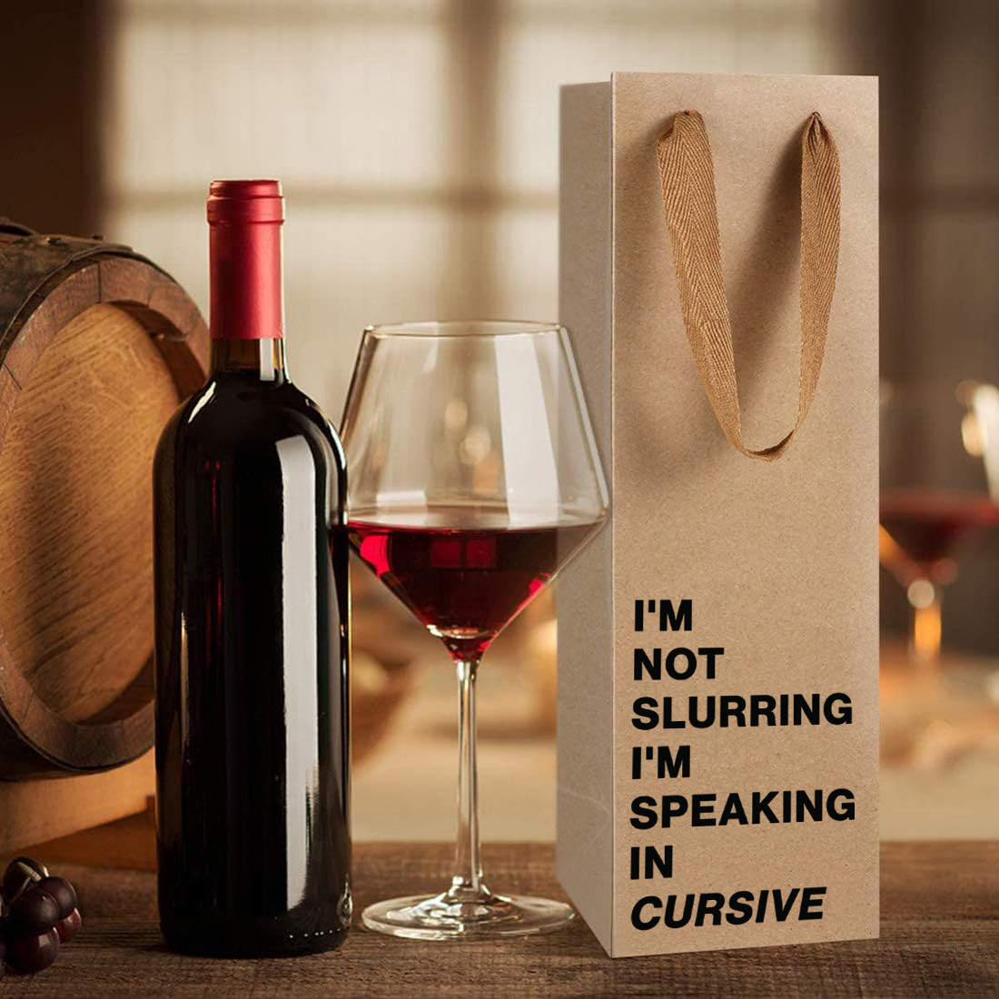 "I'm Not Slurring I'm Speaking in Cursive" wine gift bag – Funny and eco-friendly paper wine bag.