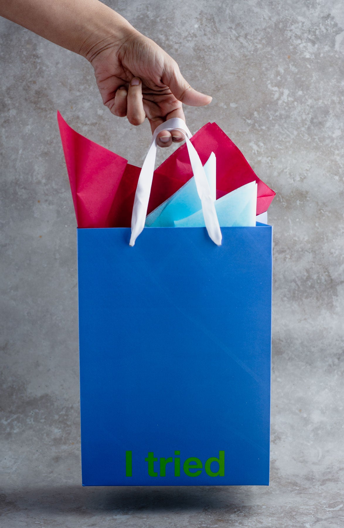 "I Tried" Blue Kraft Gift Bag – Funny adult gift bag with a white ribbon.