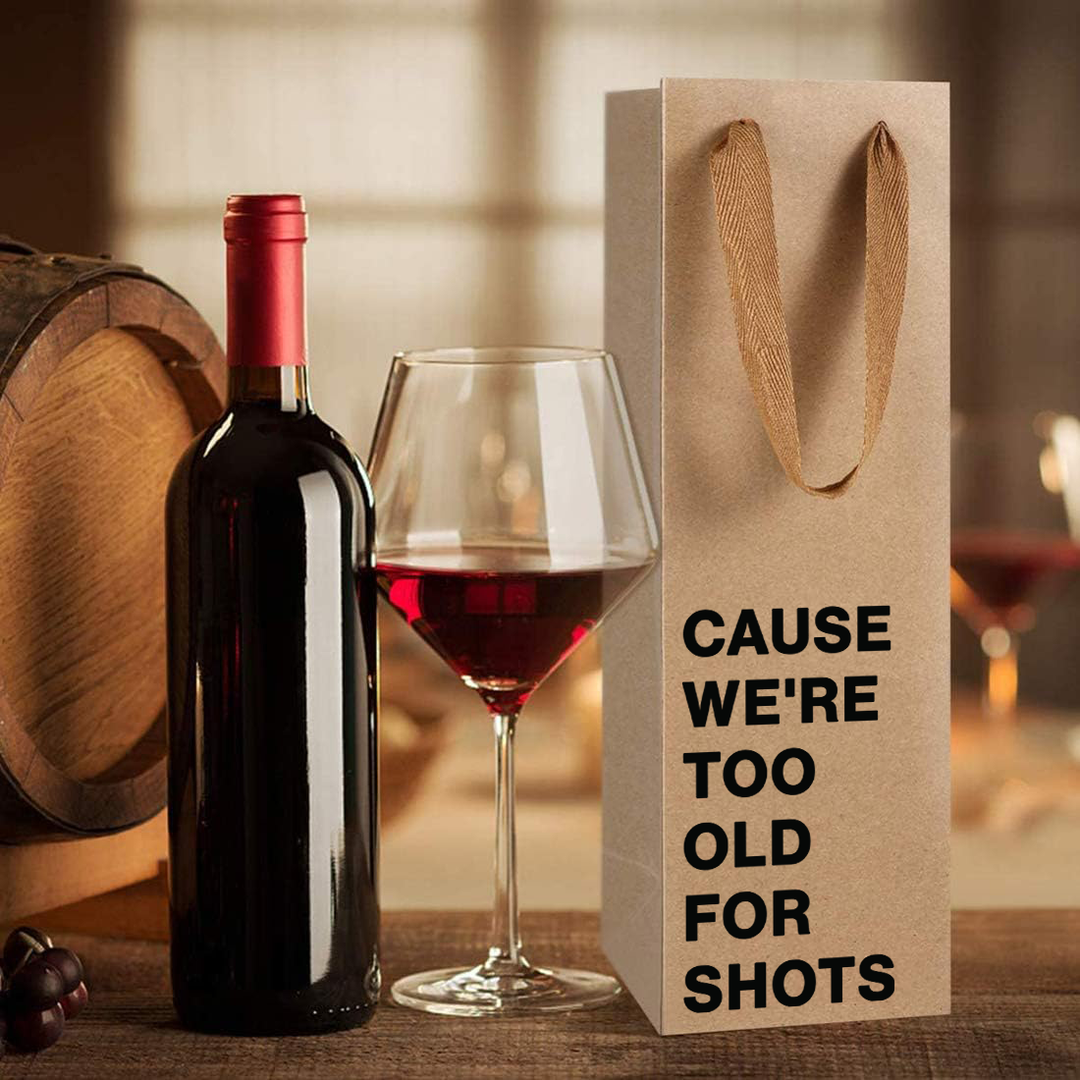 Funny kraft wine gift bag with bold sarcastic text.