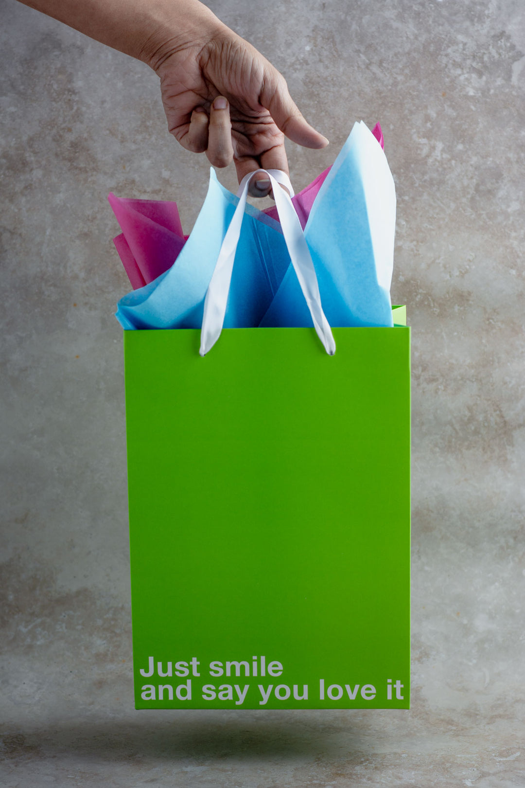 "Just smile and say you love it" Green Gift Bag - Offensive Crayons