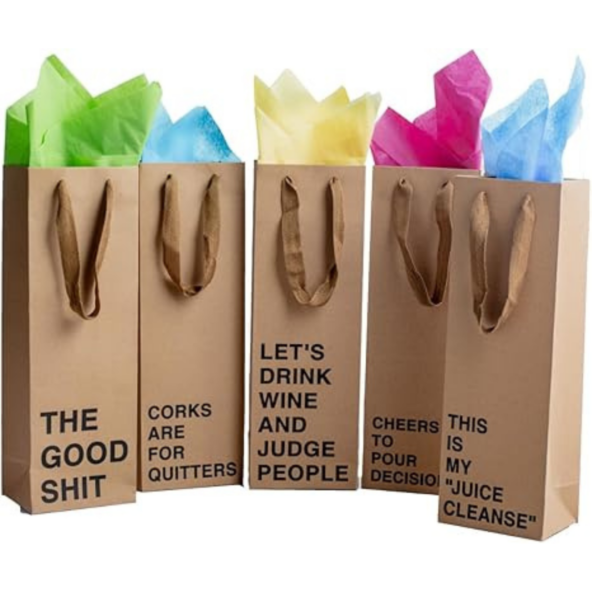 Wine gift bag set of 5 made from kraft paper, perfect for funny wine bags and gifting.