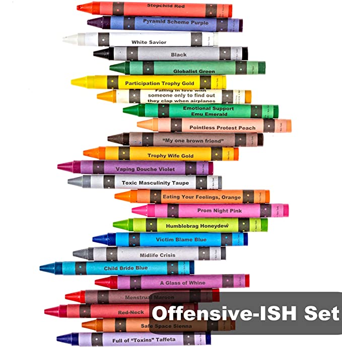 Adult crayons in a crayon box, featuring colorful crayons and humorous sayings.