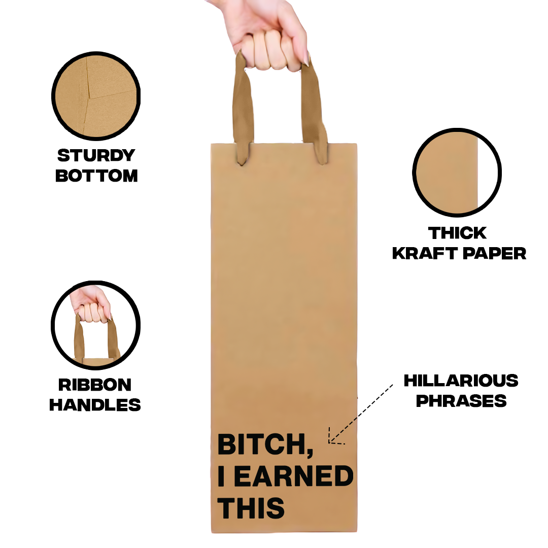 Funny kraft wine gift bag with bold sarcastic text.