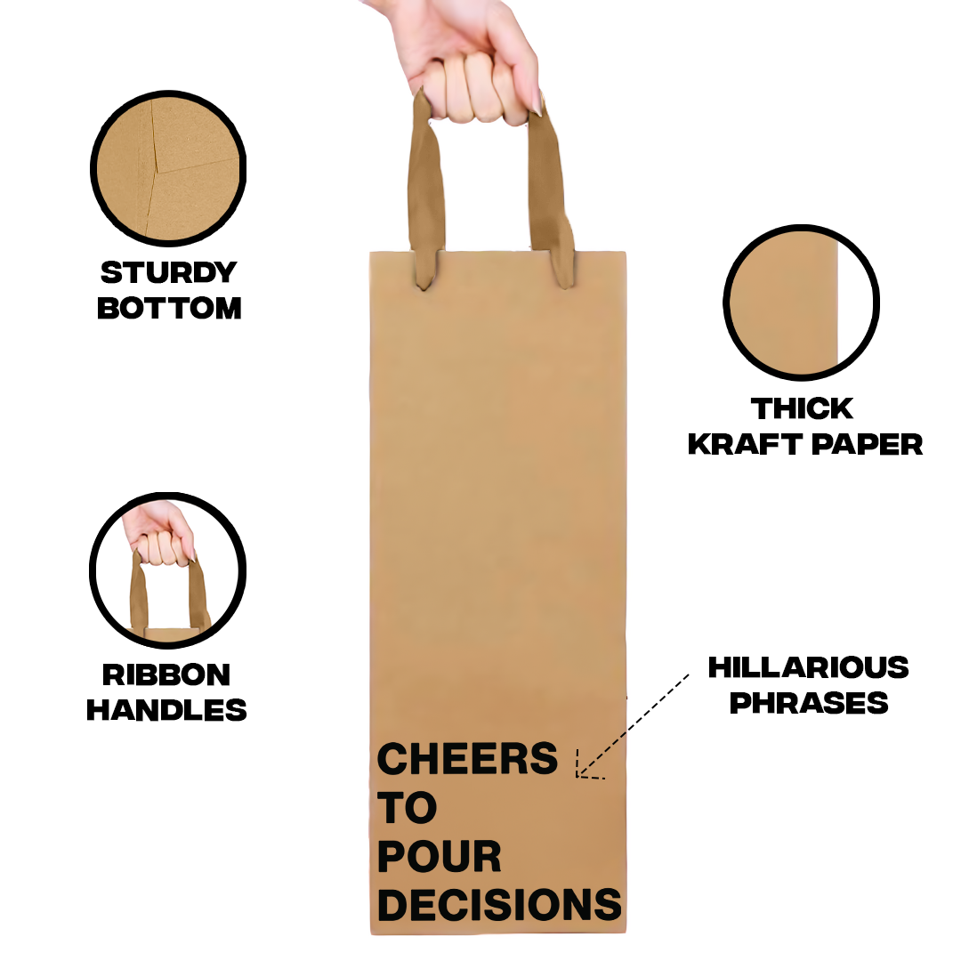 Funny kraft wine bag with "Cheers to Pour Decisions" design.