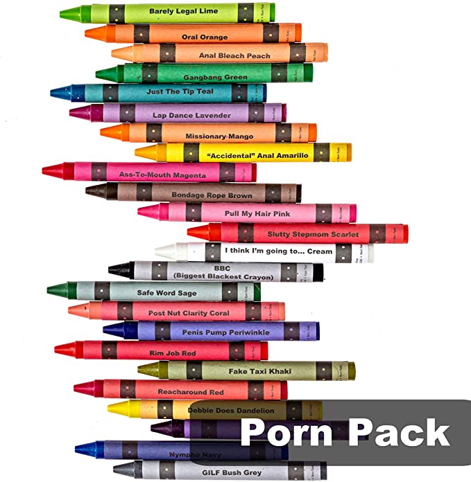 Adult crayons in a crayon box, featuring colorful crayons and humorous sayings.
