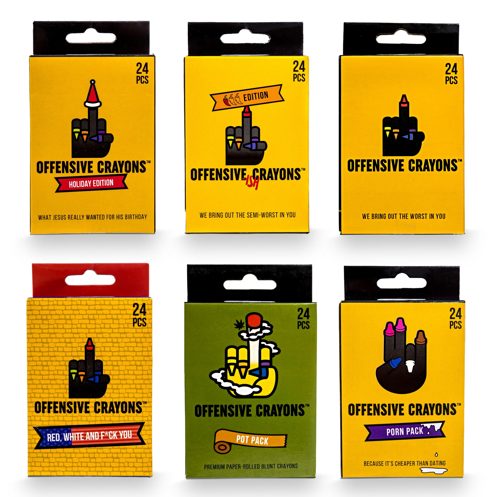 Adult crayons in a crayon box, featuring colorful crayons and humorous sayings.
