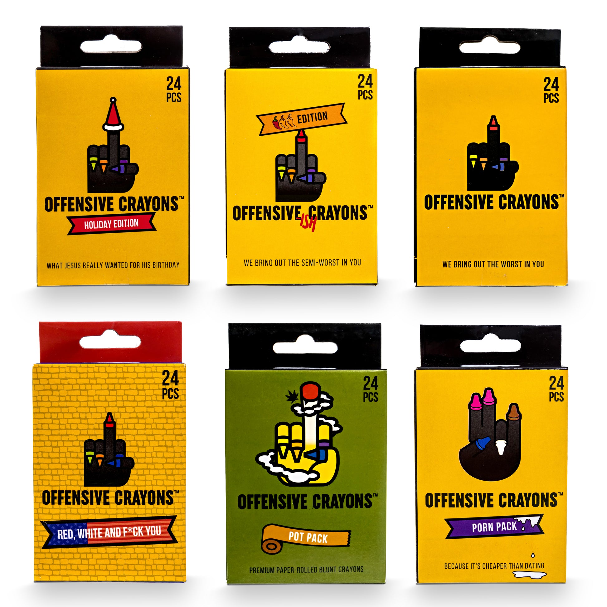 Adult crayons in a crayon box, featuring colorful crayons and humorous sayings.