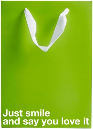 Funny gift bag in vibrant green color with the phrase 'Just smile and say you love it' printed in white.