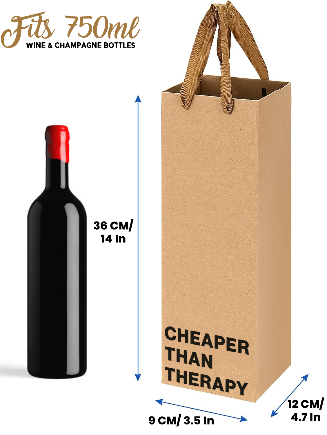 Funny kraft wine bag with "Cheaper Than Therapy" quote.
