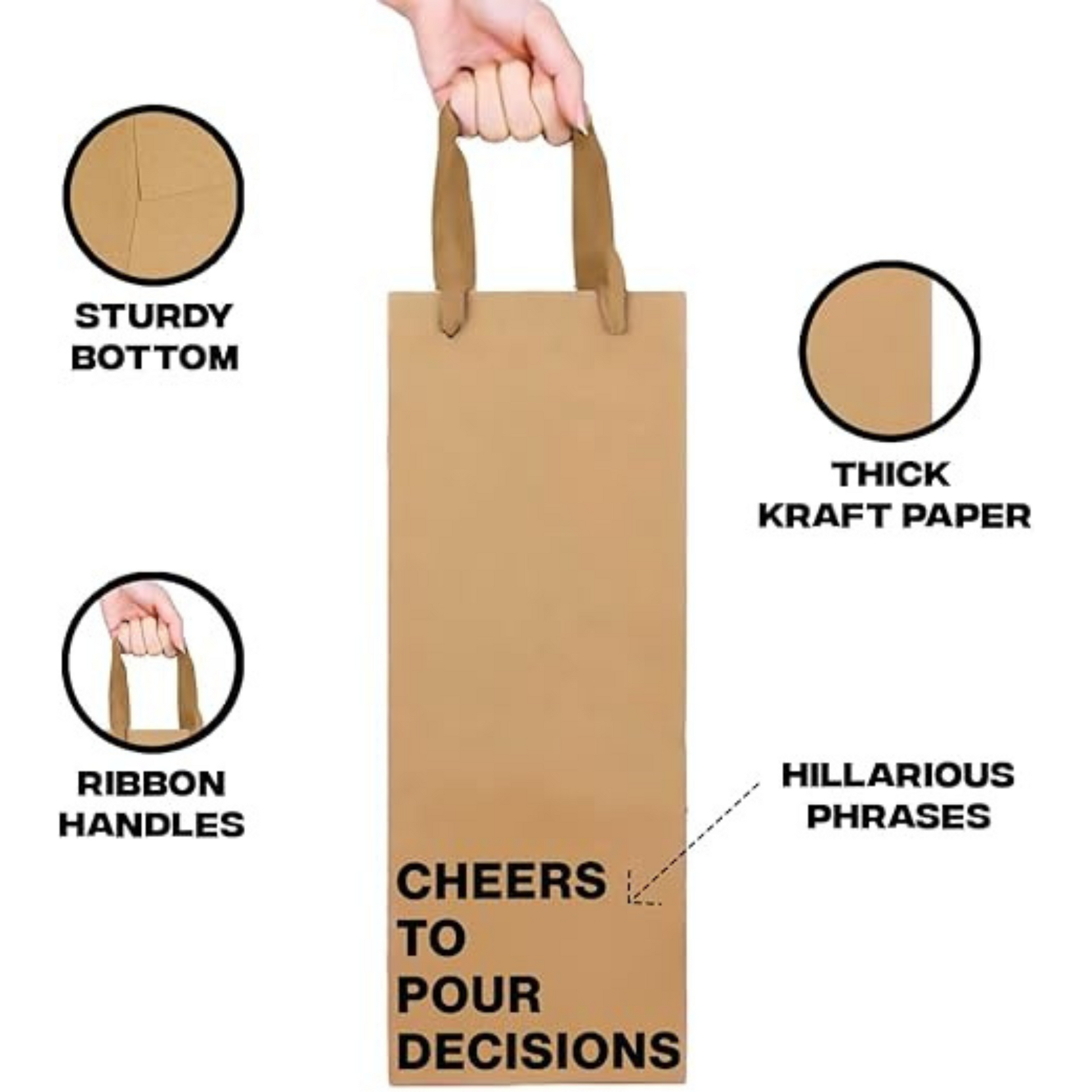 Wine gift bag set of 5 made from kraft paper, perfect for funny wine bags and gifting.
