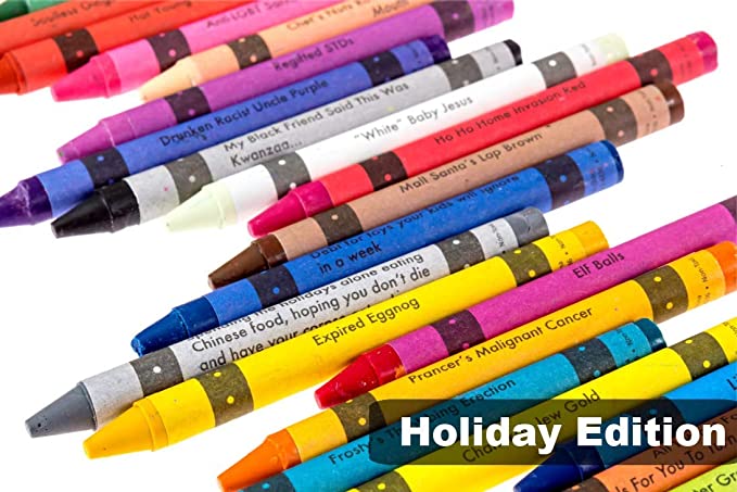 Adult crayons in a crayon box, featuring colorful crayons and humorous sayings.