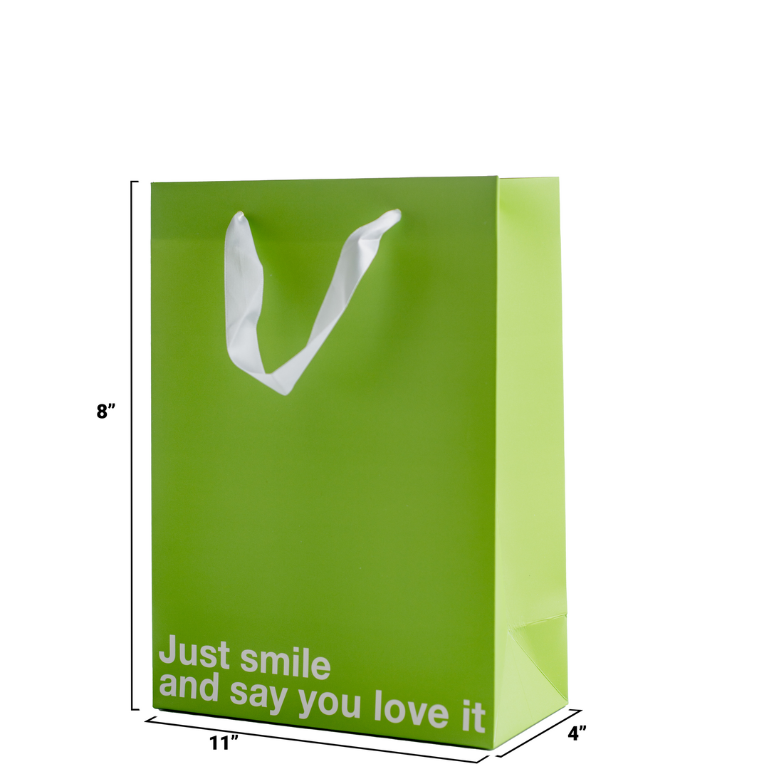 "Just Smile and Say You Love It" green kraft gift bag – Funny, unique adult gift bag.