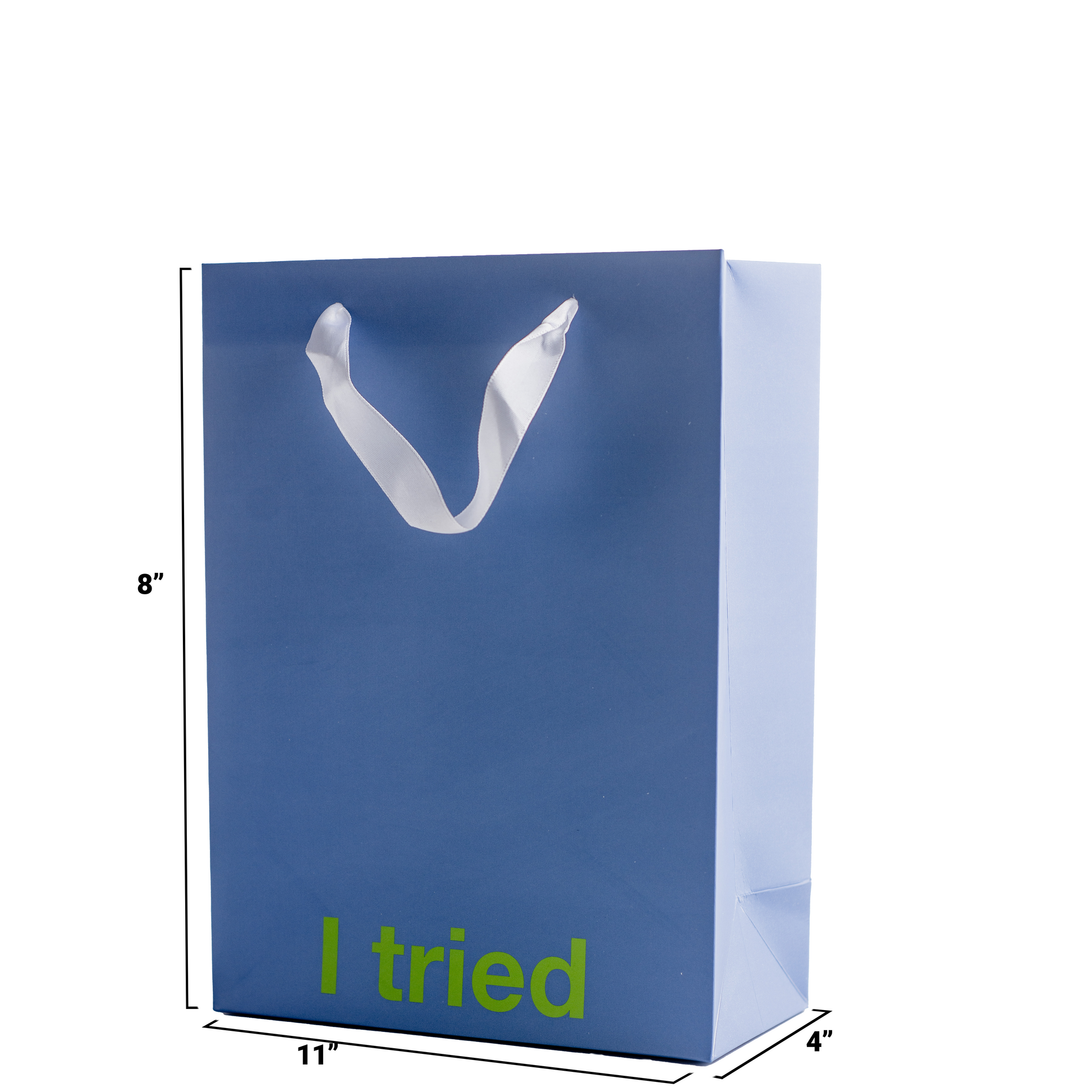 "I Tried" Blue Kraft Gift Bag – Funny adult gift bag with a white ribbon.