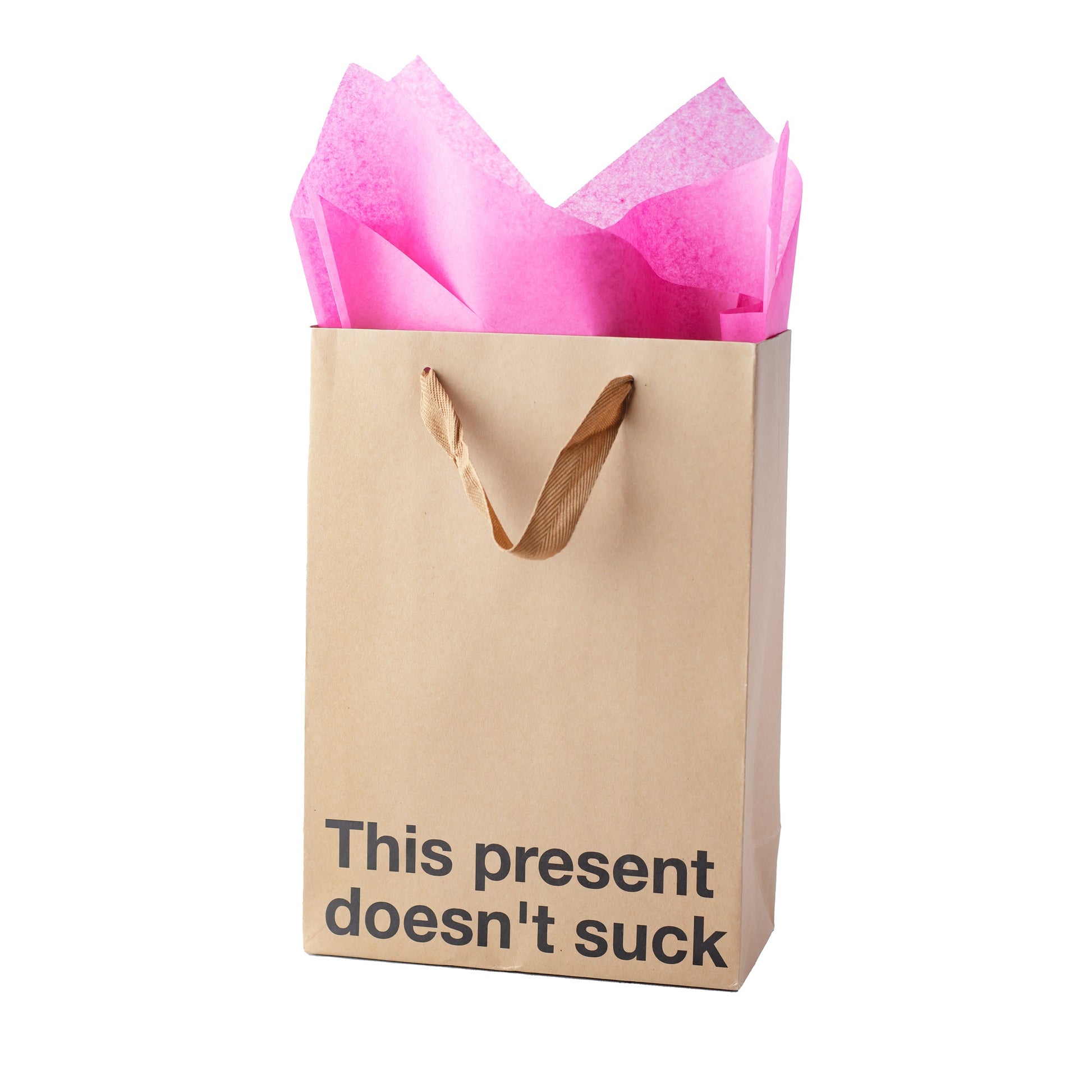 Kraft gift bag with brown ribbon handle, great for adult gifts.