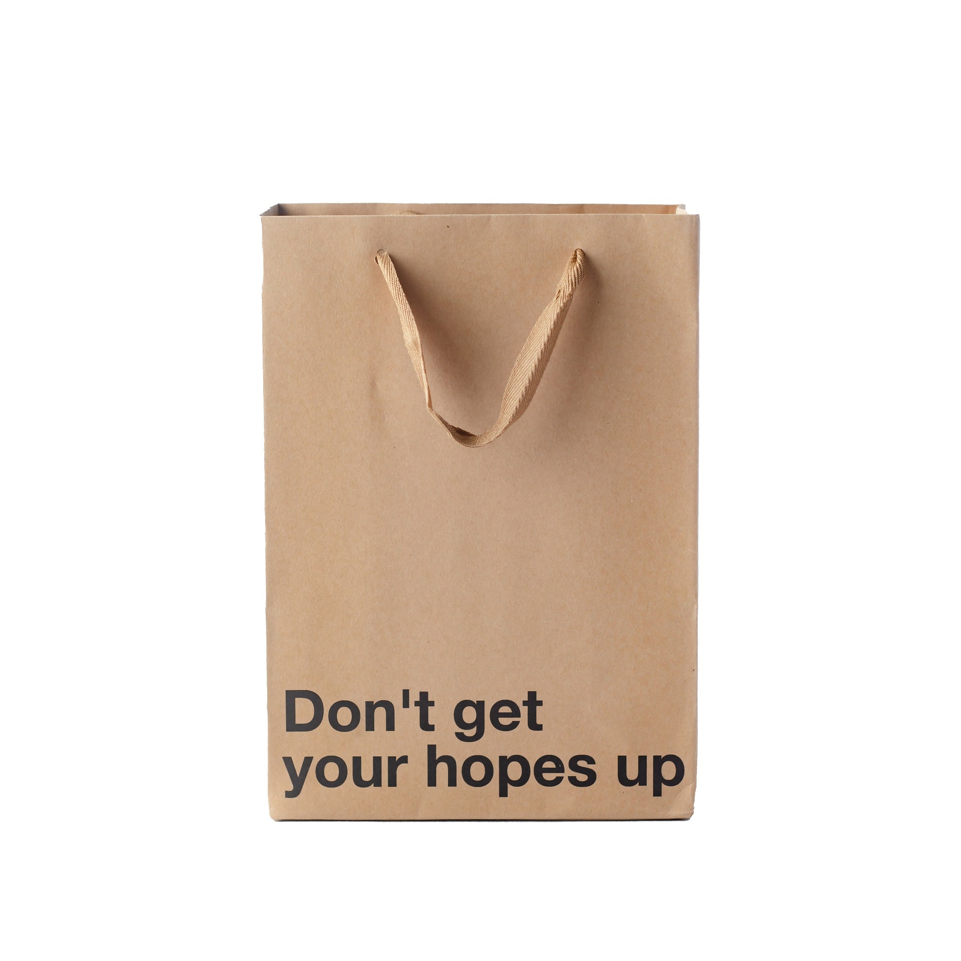 "Don't Get Your Hopes Up" gift bag – Funny, snarky kraft gift bag with brown ribbon.