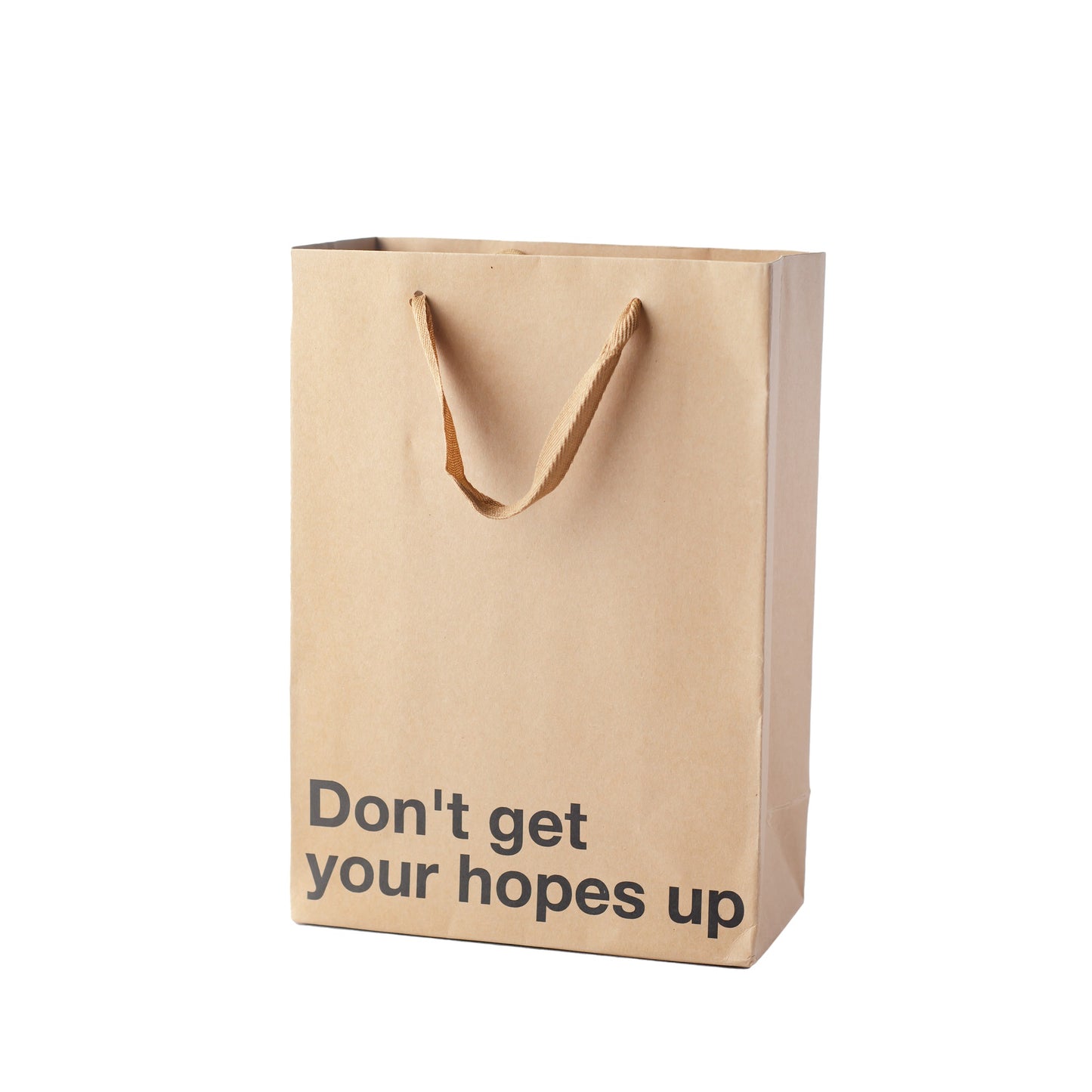 "Don't Get Your Hopes Up" gift bag – Funny, snarky kraft gift bag with brown ribbon.