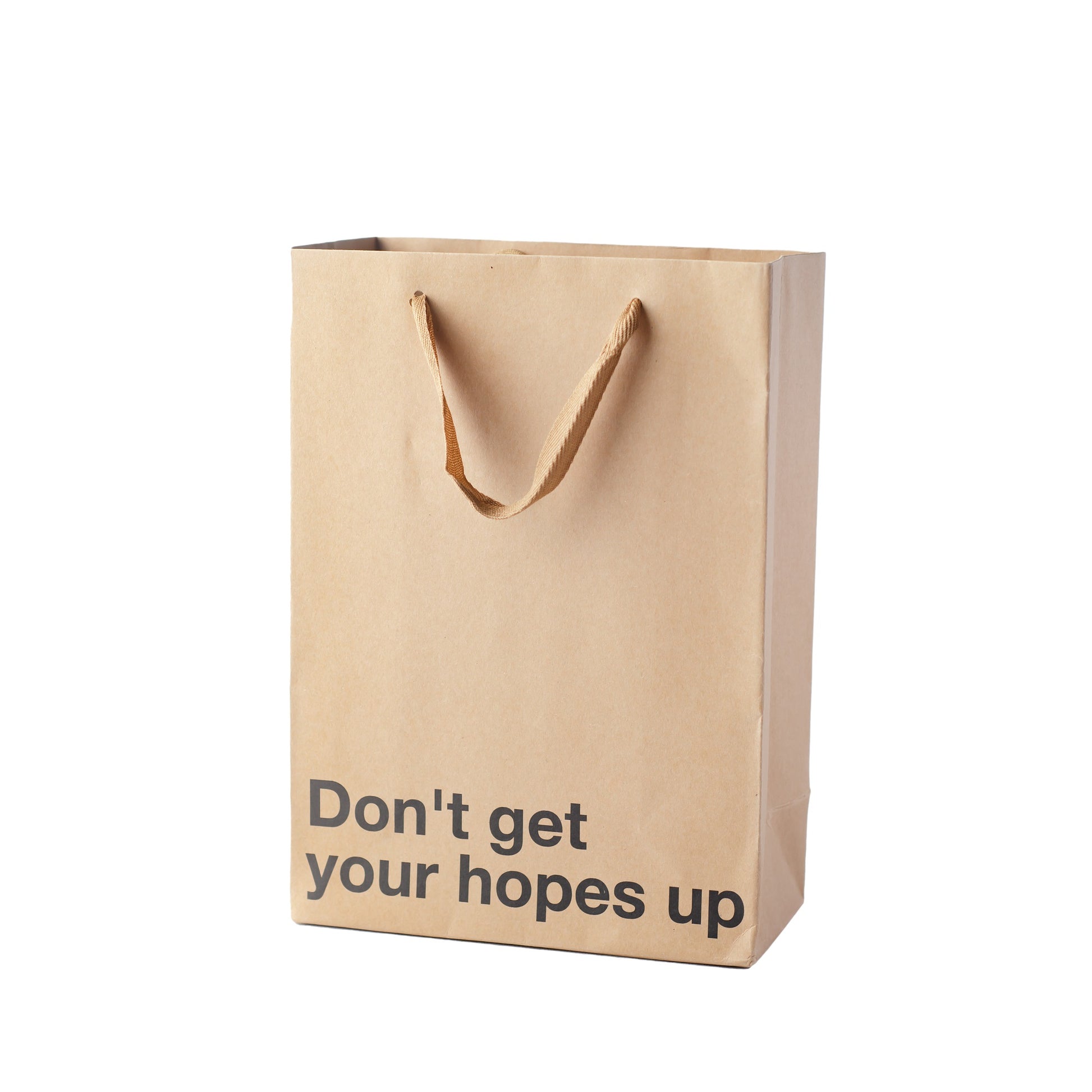 "Don't Get Your Hopes Up" gift bag – Funny, snarky kraft gift bag with brown ribbon.