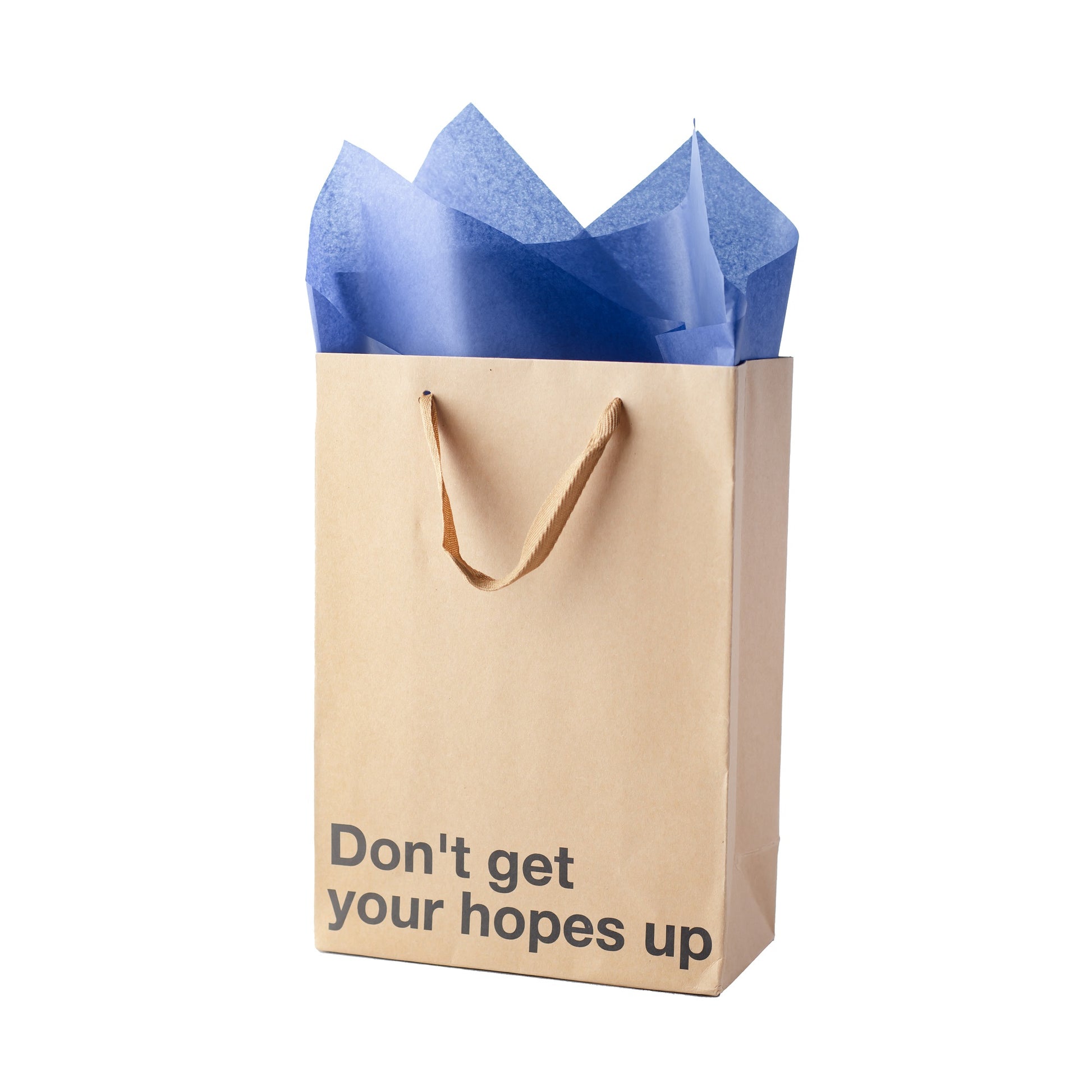 "Don't Get Your Hopes Up" gift bag – Funny, snarky kraft gift bag with brown ribbon.