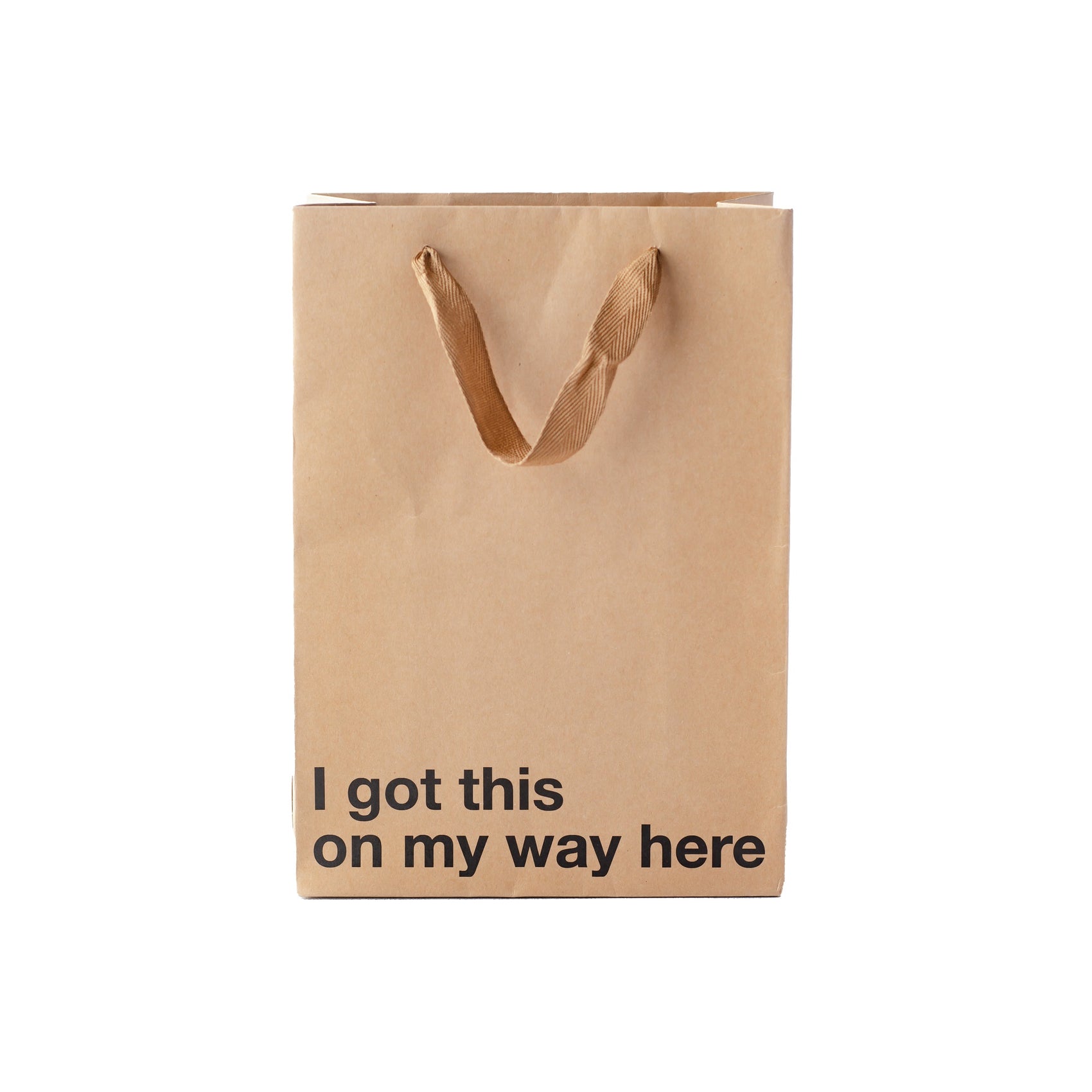 "I Got This On My Way Here" kraft gift bag – Funny adult gift bag with brown ribbon.