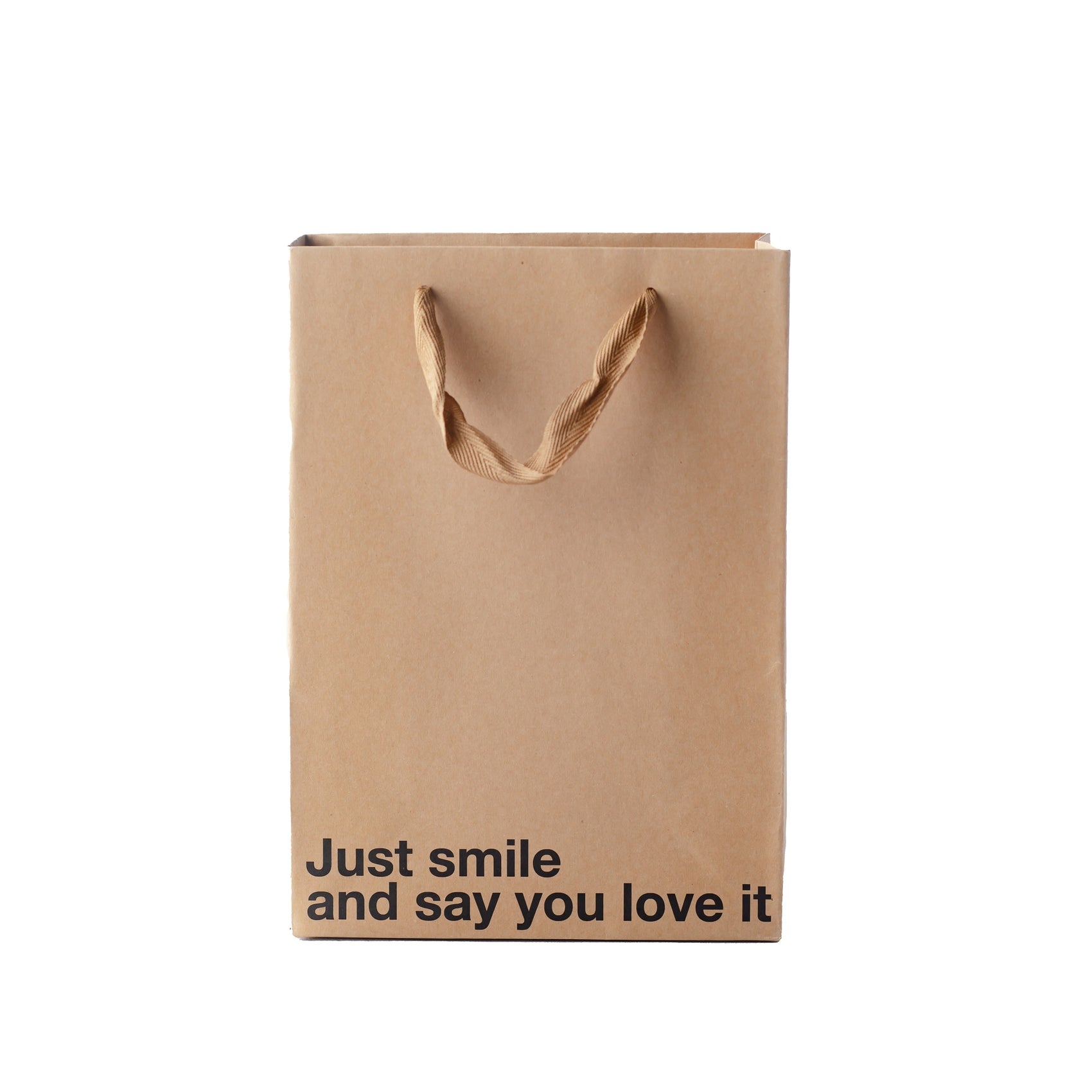 "Just Smile" kraft gift bag – Funny and unique adult gift bag with a brown ribbon.