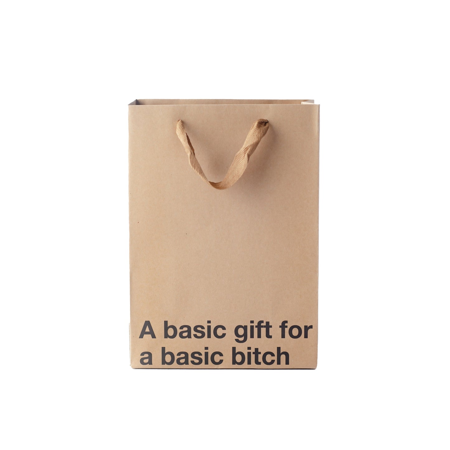 Funny kraft gift bag with brown ribbon handle.