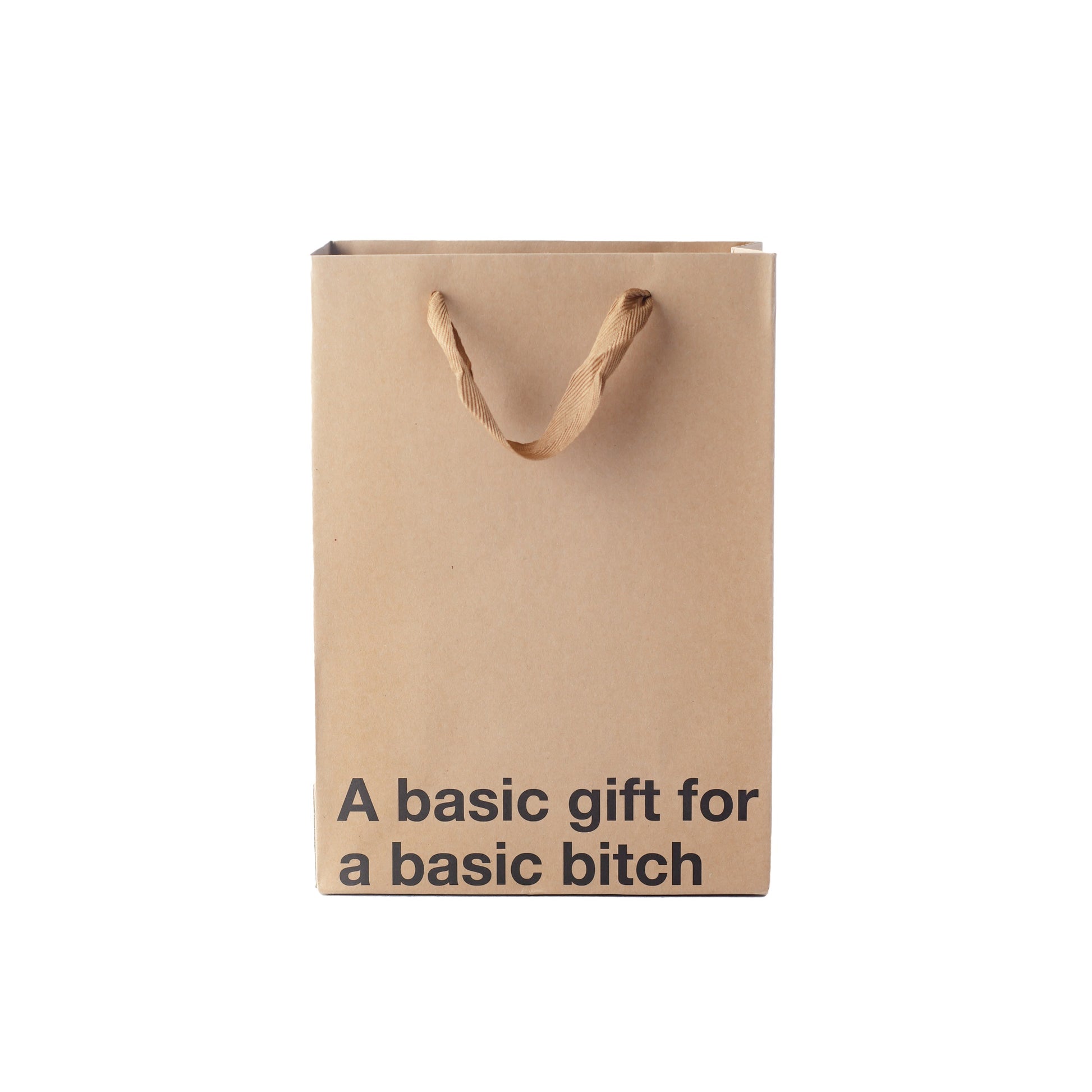 Funny kraft gift bag with brown ribbon handle.