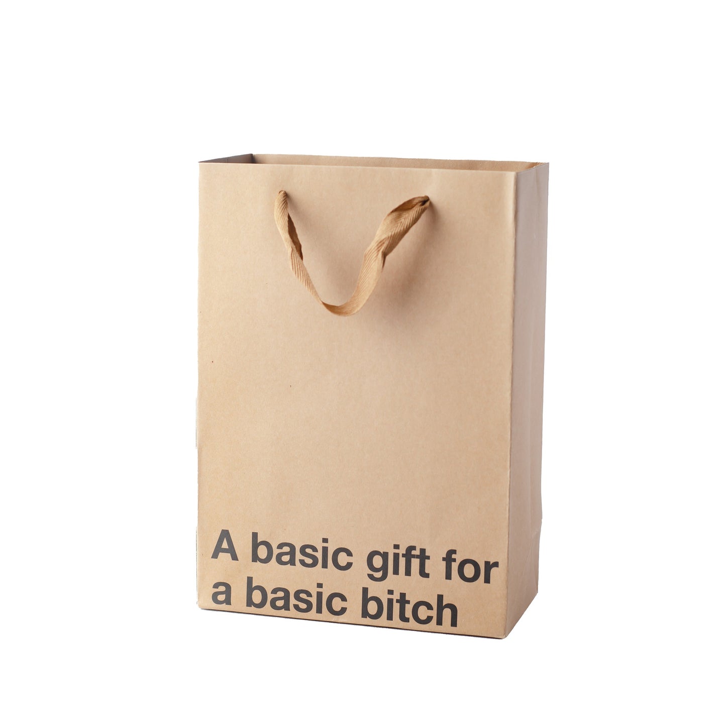 Funny kraft gift bag with brown ribbon handle.