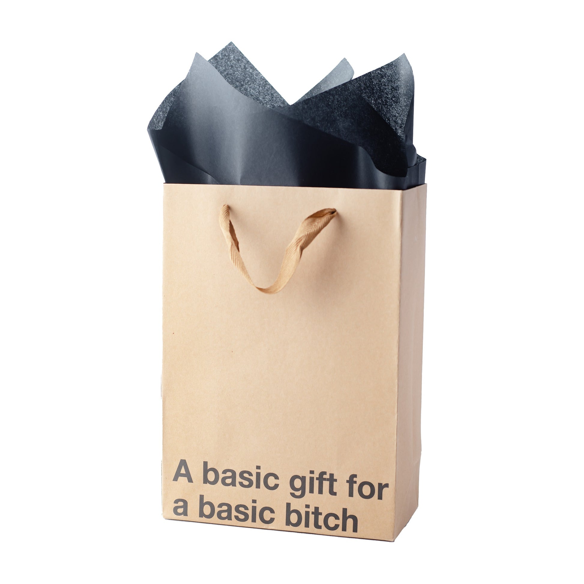 Funny kraft gift bag with brown ribbon handle.