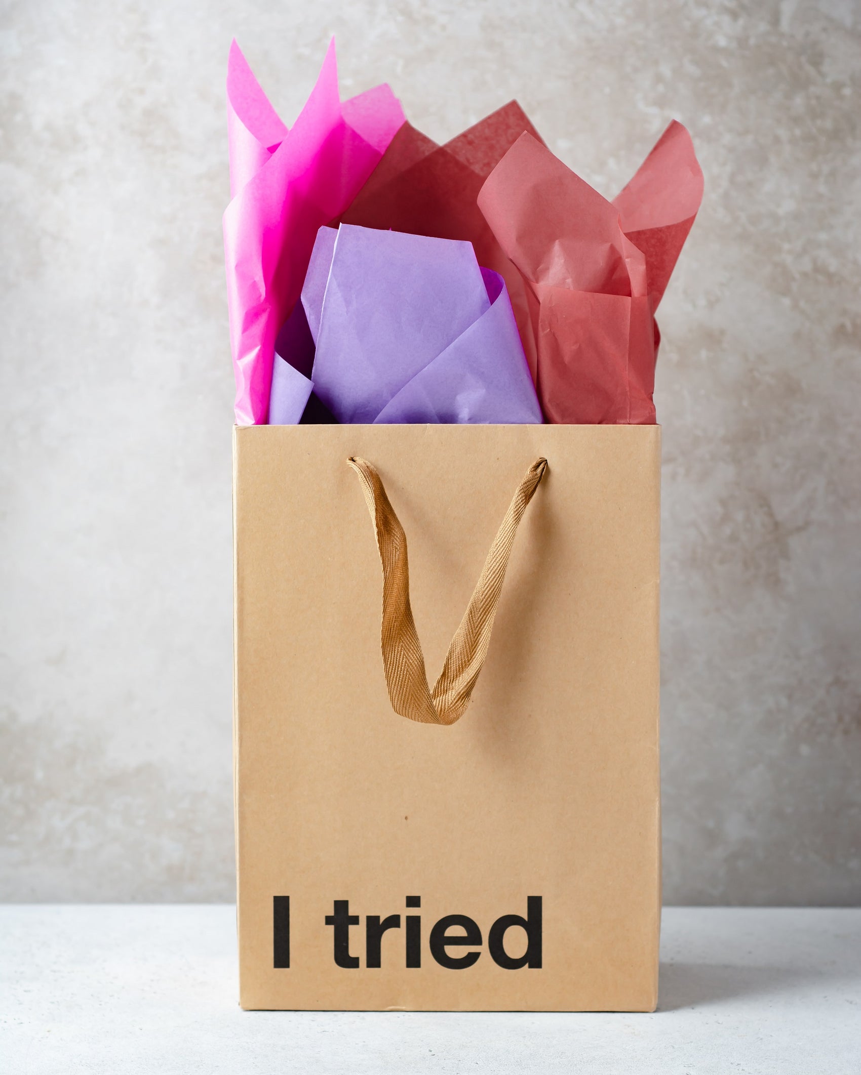 "I Tried" Kraft gift bag with a brown ribbon handle – Funny adult gift bag.