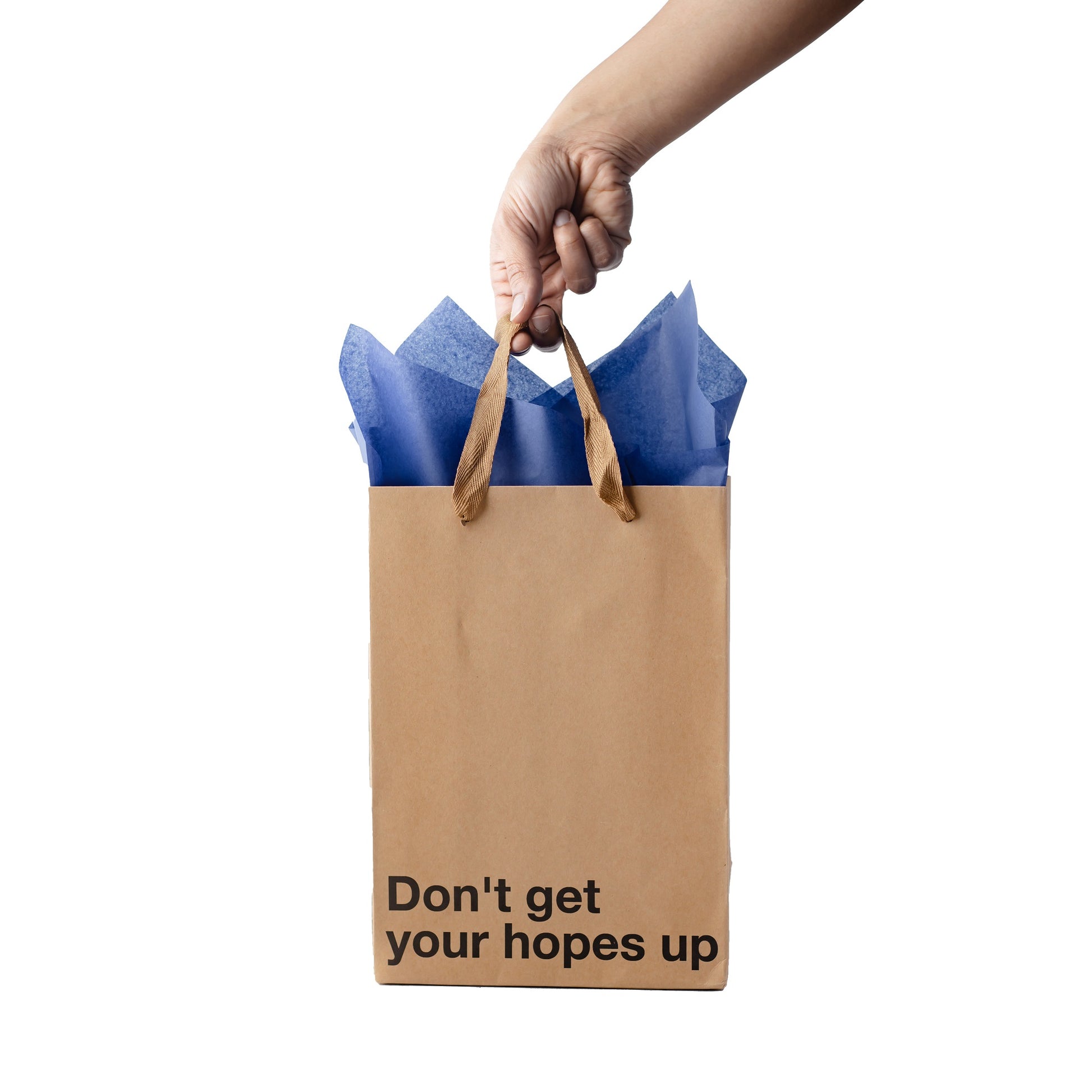 "Don't Get Your Hopes Up" gift bag – Funny, snarky kraft gift bag with brown ribbon.